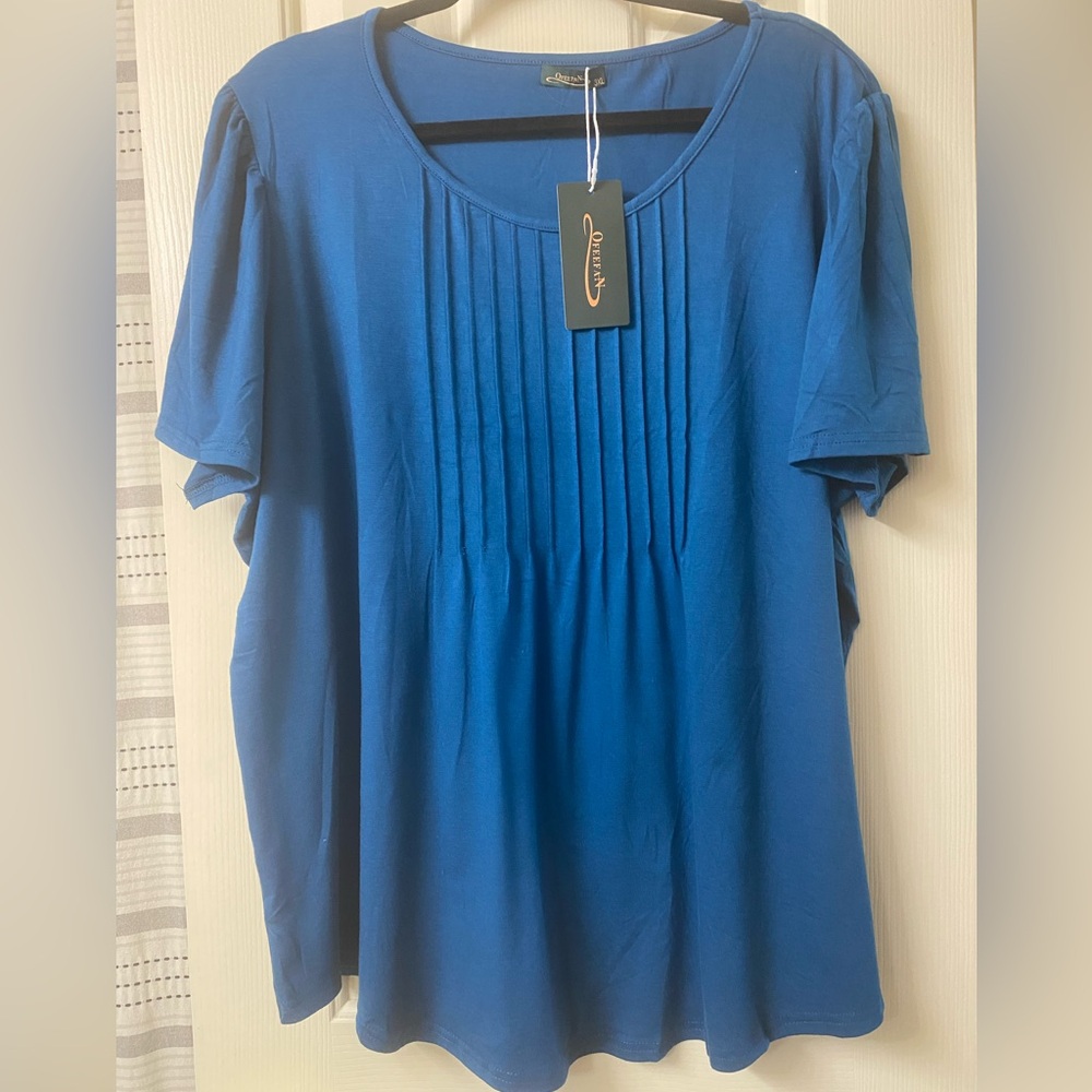 Ofeefan Short Sleeve Pleated Detail Blue Women's Top Size 3XL